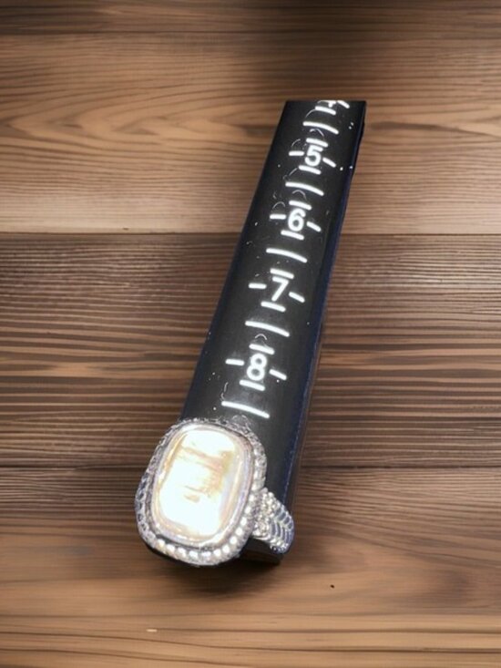 Silver Tone Ring Size 9.5 Smoky Opal Stone With Beaded Rectangular Border - Picture 3 of 4